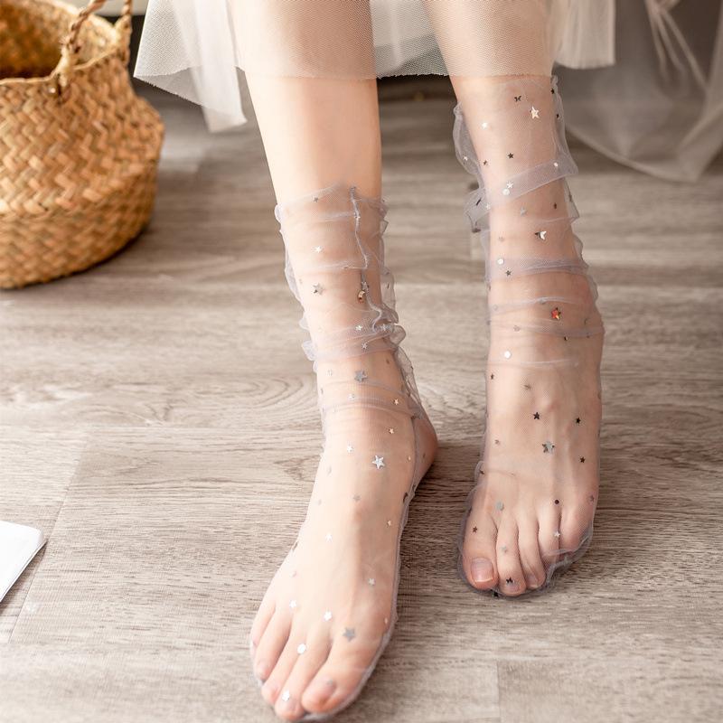 Spring/Summer Trendy Transparent Mesh Women's Sequin Star Mid-Calf Ruffle Socks