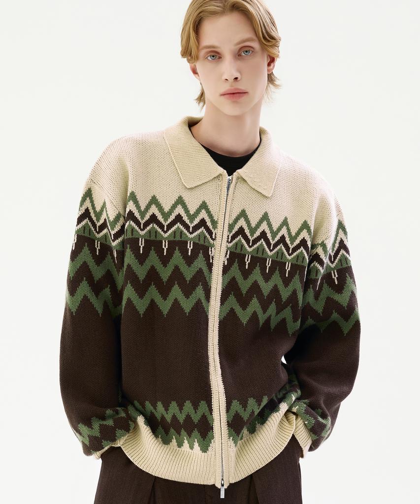 TRILLION Washable Nordic Jacquard Collar Neck 2-Way Zip-Up Knit [Beige]