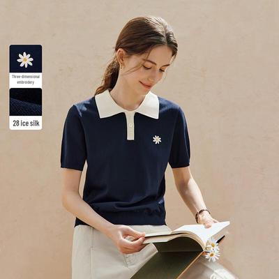 INMAN Women's Cooling Ice Silk Embroidered Knit Polo Top