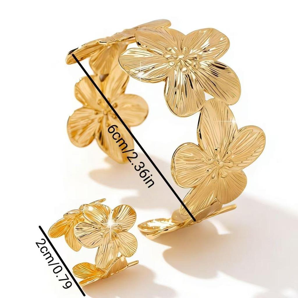 Elegant 2-Piece Flower Bracelet and Ring Set: Adjustable, Textured Design