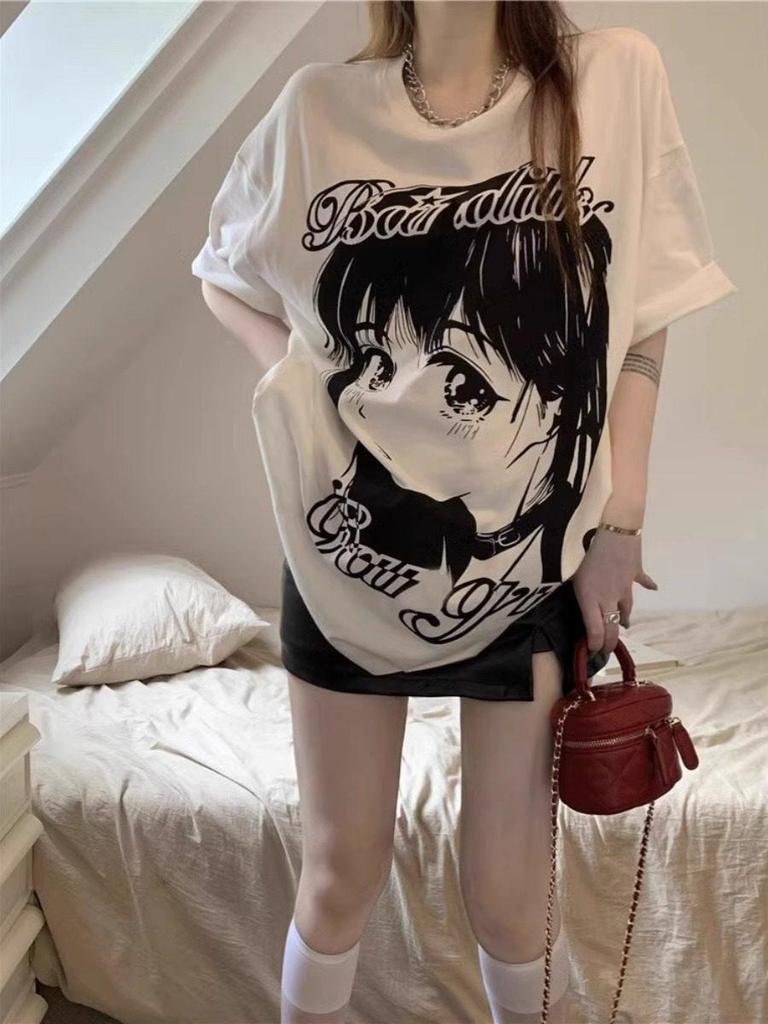 Plus Size Retro Cartoon Girl Print Cotton T-shirt - Loose Fit, Short Sleeve
