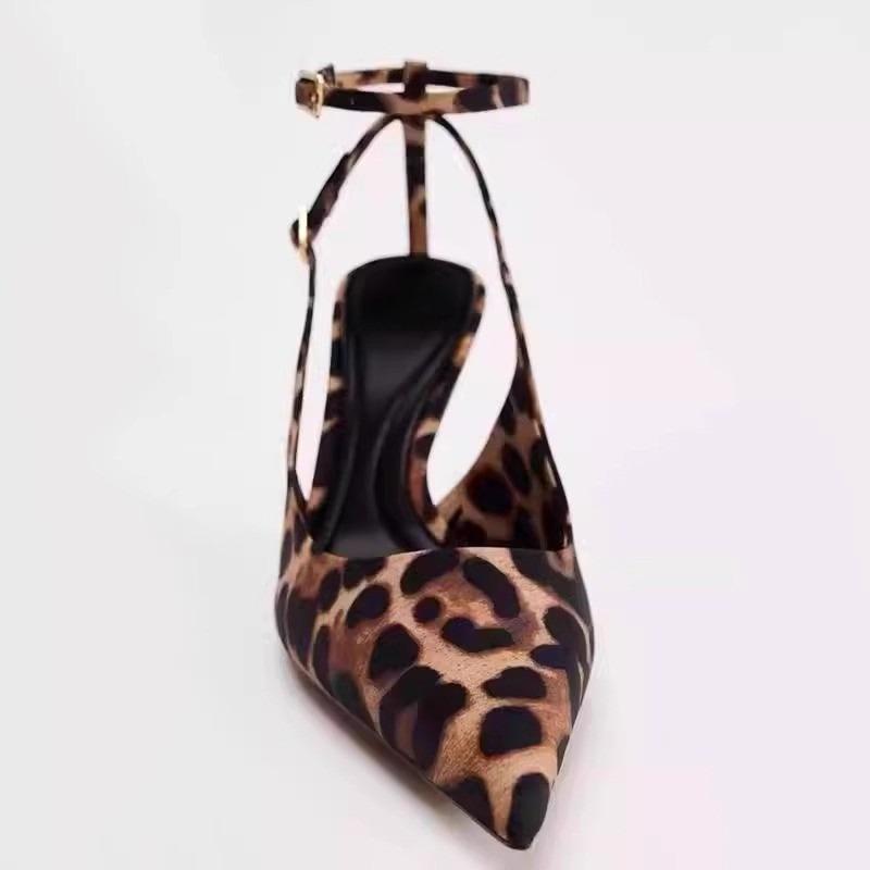 New Sexy Temperament Senior Sense Fine Heel Sandals Pointed Satin Leopard Print High Heels Slingback Sandals Wedding Shoes