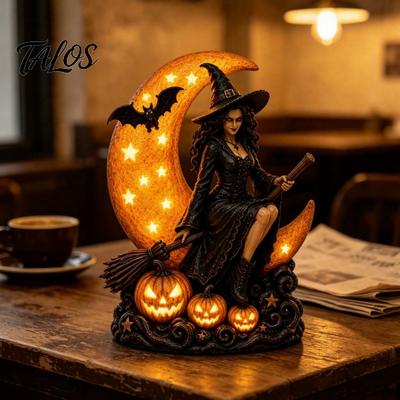 Tischhexe Statue Halloween Lampe, Gotischer Halbmond LED Nachtlicht, Dunkles Märchen Tischdekoration Gruselige Dekorationslampe für Schlafzimmer
