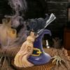 Halloween Black Cat Decoration Evil Black Cat On Magic Broom Resin Cat Statue with Hat Tabletop Ornament for Indoor Home Desktop Decor