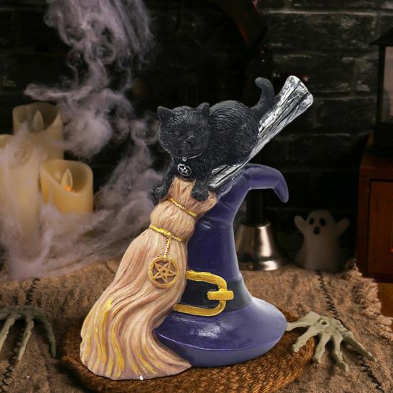 Halloween Black Cat Decoration Evil Black Cat on Magic Broom Resin Cat Statue with Hat Tabletop Ornament for Indoor Home Desktop Decor