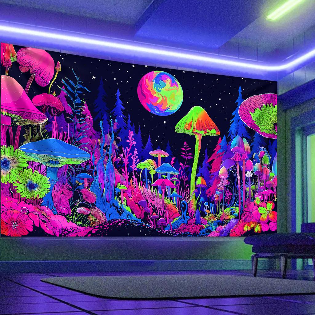 1pc Fluorescent Mushroom Moon Tapestry, UV Black Light Forest Fantasy Plant Space Tapestry, Home Decoration Wall Hanging