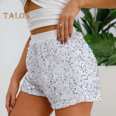 Women Shorts High Waist Sprkling Sequin Elastic Waist Slim Fit Straight Mini Shorts Club Party Dance Short Pants Casual Summer Shorts