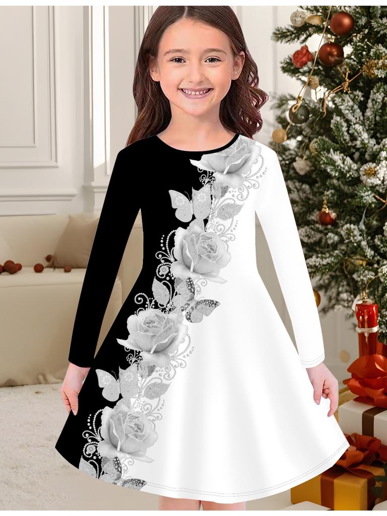 Rochie de Modă de Toamnă și Iarnă pentru Fete, Imprimeu Floral 3D, Gât Rotund, Mânecă Lungă, Rochie Tricou Lungă pentru Copii, Casual Versatilă, Îmbrăcăminte de Crăciun