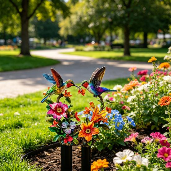 Hummingbird Flowers Garden Stake, Flower Wreath Colorful Bird Yard Art Stake, Waterproof Outdoor Hummingbird Decoration for Lawn Yard Flower Bed