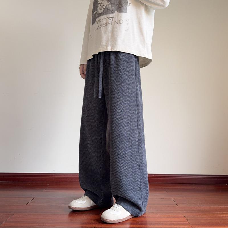 Men Herringbone Jacquard Loose Straight Leg Casual Long Pants