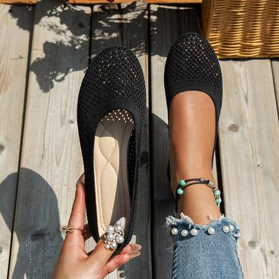 Damskie buty płaskie z okrągłym noskiem, jednokolorowe, dzianinowe wsuwane buty, codzienne, oddychające baleriny, damskie buty płaskie, mokasyny damskie