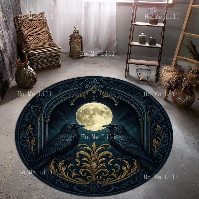 Gothic Raven Dark Fantasy Decor Celestial Bird Pattern Carpet Mystic Full Round Rug Mat Moon Home Accent 60X60cm
