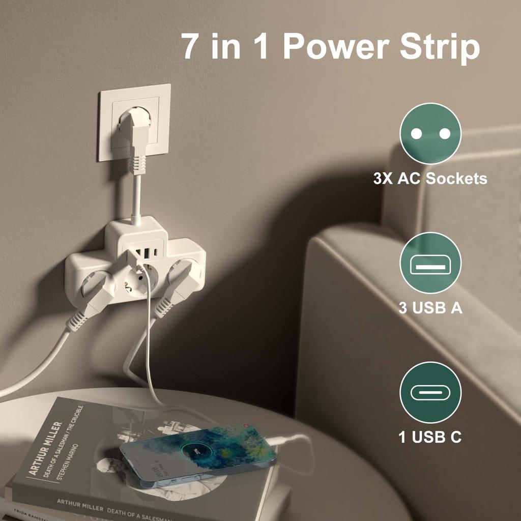 EU Plug Power Strip with 3 USB Type C Fast Charge, Multiple Socket Wall Plug Adapter Electric Outlet Surge Protector for Home