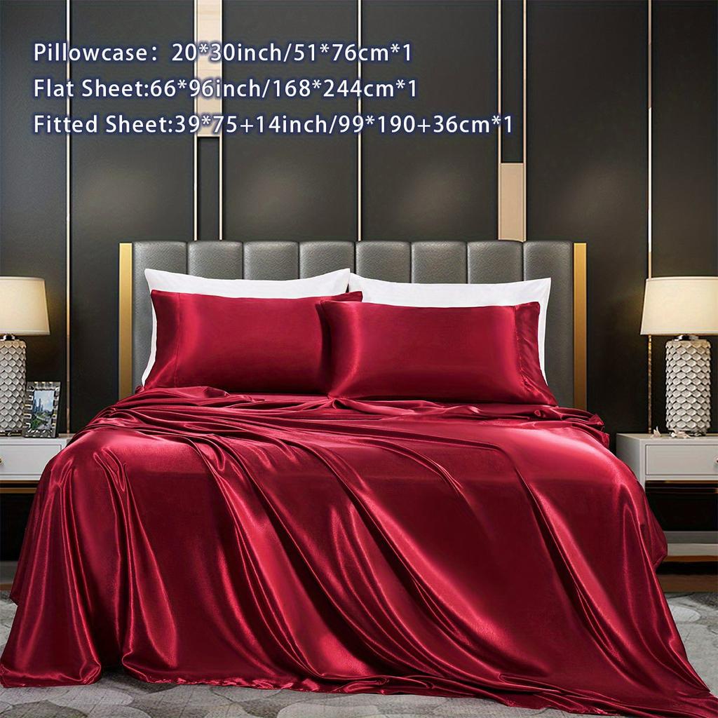 3/4Pcs Luxurious Satin Fitted Sheet Set Soft, Breathable, And Gentle On Skin Includes Flat Sheet, Fitted Sheet,Pillowcases