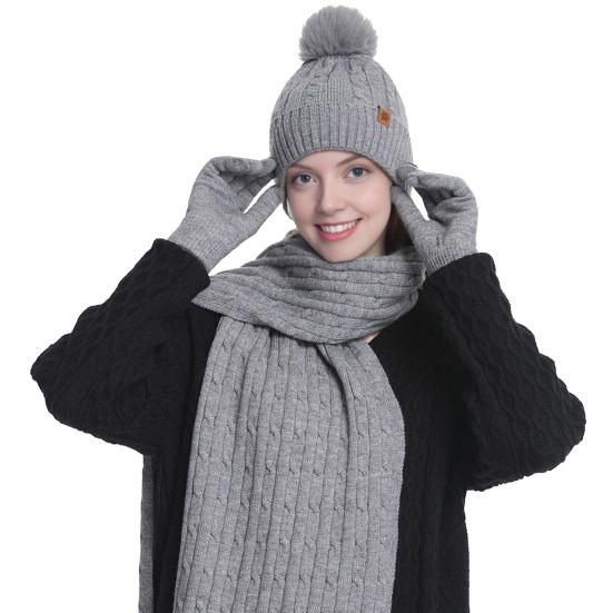 3Pcs/Set Women Hat Scarf Gloves Set Solid Color Twist Texture Thermal Lining Pompon Design Knitting Hat Long Scarf Gloves Set