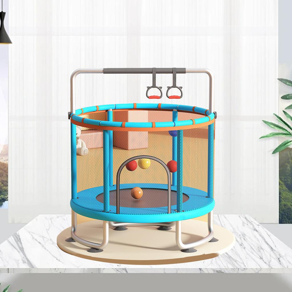 Kinder Trampolin Innen Außen Klein Fitness Trampolin Spielzeug mit Sicherheitsnetz Basketballkorb Gymnastikringe Schaukel für Jungen und Mädchen