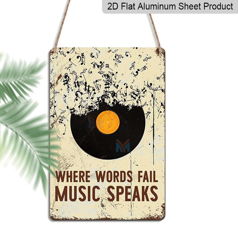 

2D Flat, 1pc Vintage Metal Sign Where Words Fail Music Speaks - Music-Themed Wall Decor with Vinyl Record & Musical Notes - Aluminium Poster for 20*30cm