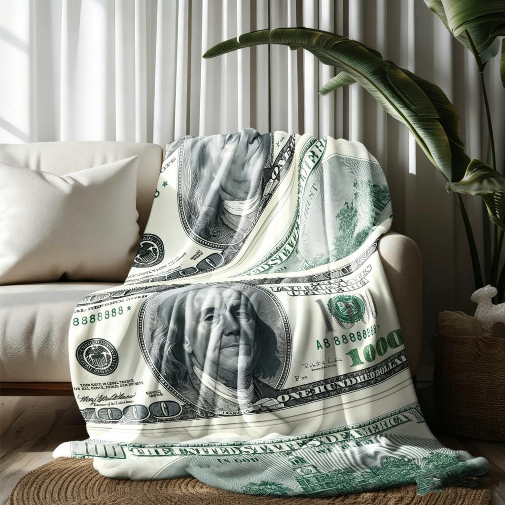 100 Dollar Bill Print Flannel Throw Blanket, Funny US Currency Money Pattern Soft Warm Nap Blanket for Sofa Office Bedroom Dorm