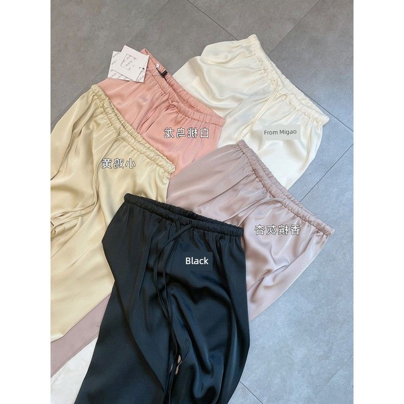

Triacetate Satin Silk Loose Pants Women s Summer Thin Drawstring Elastic Easiest for Match Slim Looking High Waist Straight-leg Casual Pants High Gloss White S
