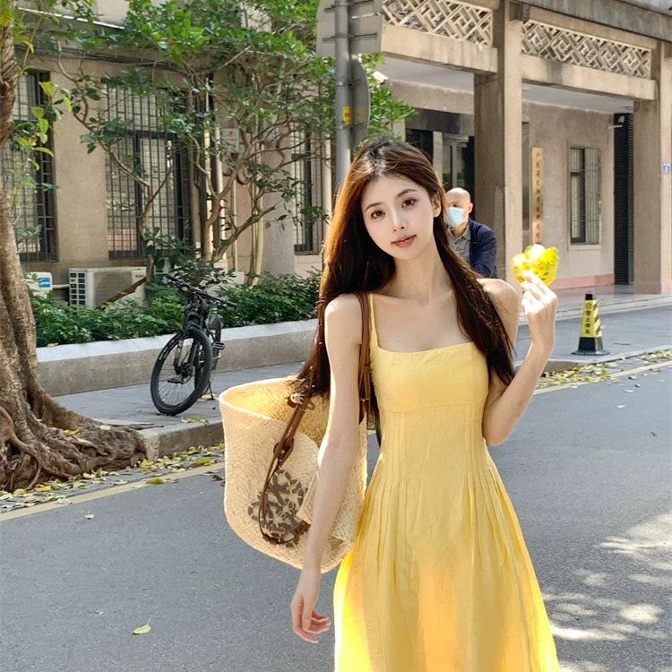 [Welcome comparison] French small suspender dress women's clothing summer waist temperament long dress seaside vacation