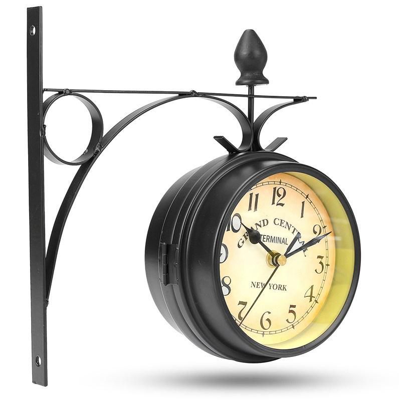 Double Sided Round Wall Mount Station Clock Garden Vintage Retro Home Decor Metal Frame + Glass Dial Cover for Christmas Gift