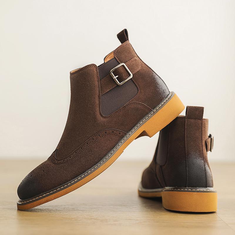 New Retro Style Chelsea Men Boots Carved Frosted Polished Colors Business Casual Belt Buckle Decorati Short Boots