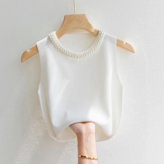 Women Knitting Vest Round Neck Sleeveless Faux Pearls Decor Tank Tops Slim Fit Solid Color Stretchy Tops