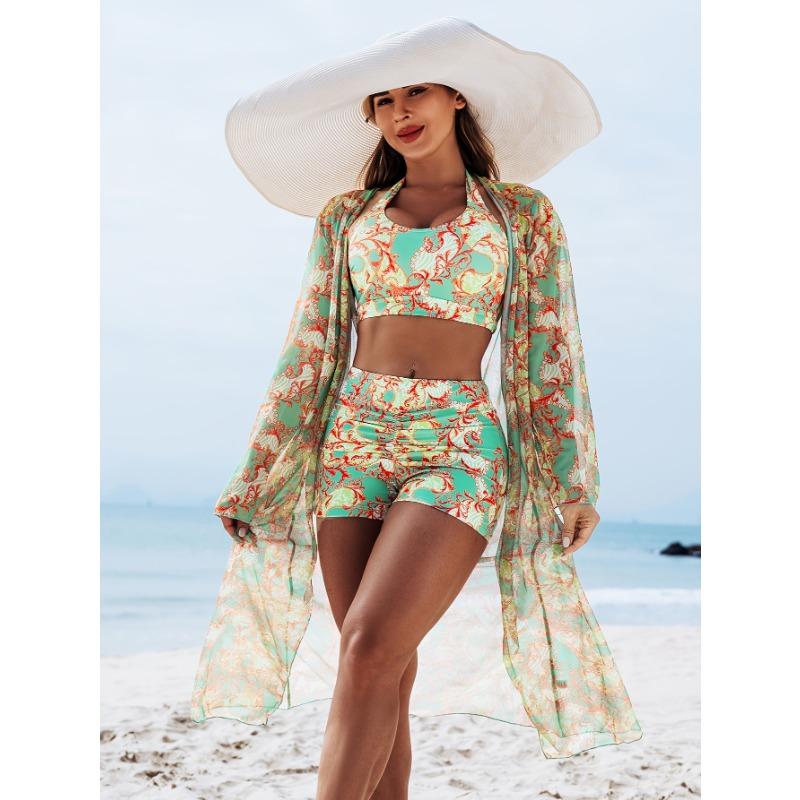 

Women s 3-Piece Baroque Print Halter Bikini with Boyshorts and Long Kimono Cover Up S