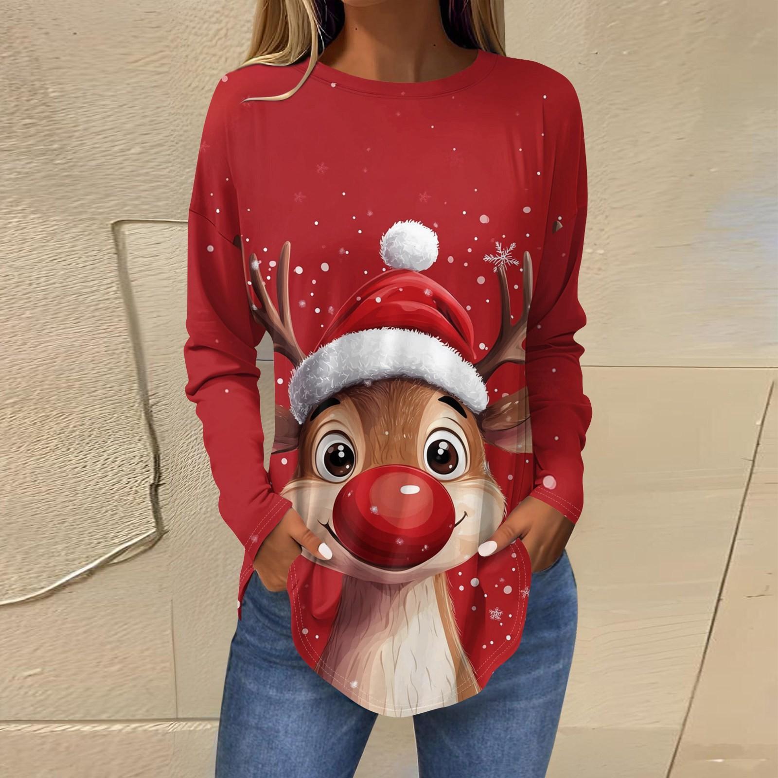 

Футболки для женщин, осенние повседневные рубашки с длинными рукавами, толстовка с ретро-принтом, топ для рождественской вечеринки, пуловер XL красный