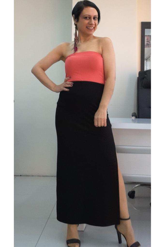 Women's Style Big Size Skirt Black Combed Cotton Viscose Pencil Skirt With Two Side Slits And Elastic Waist