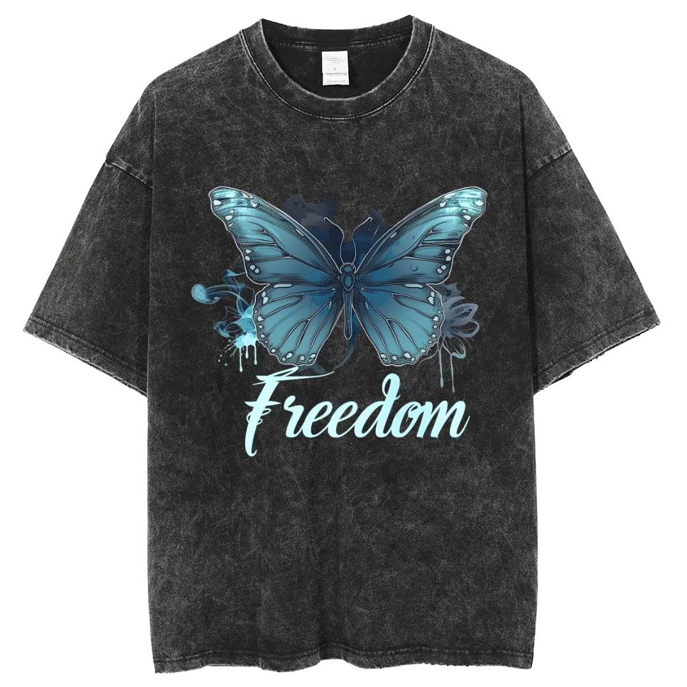 Y2k Anime  Washed T-shirt Freedom Butterfly Pattern  Short Sleeve T-shirts Oversize TShirt Colors Cotton Top Tee S разноцветный