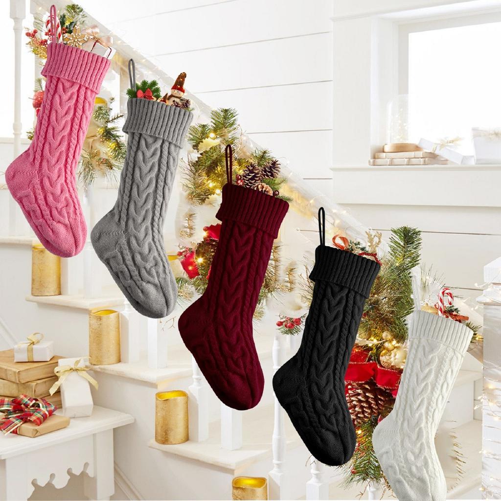 Cute Christmas Stocking, Solid Color  Dough Twists Knitting Stockings Christmas Stockings Pendant  Christmas Stocking For Fireplace, Shop Window,