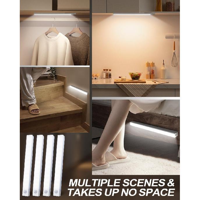 4pcs LED Motion Sensor Light Bar Magnetic Under Cabinet Sensor Light,Cool White/Warm Light Indoor Night Light for Kitchen,Stair