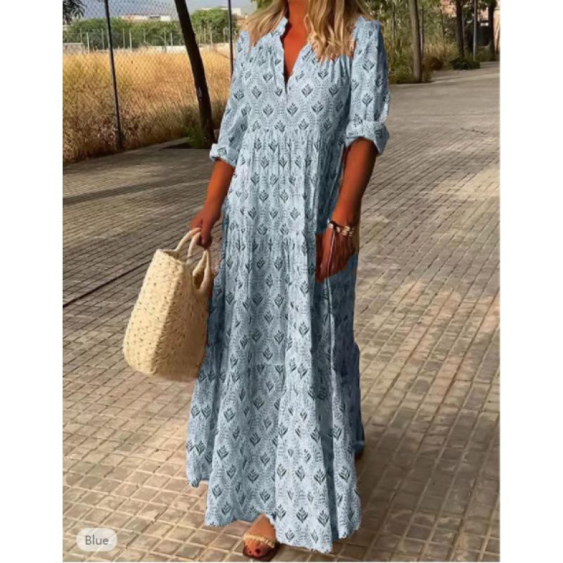 

Women s Retro Stand-Up Collar Plus Size Summer Dress L синій