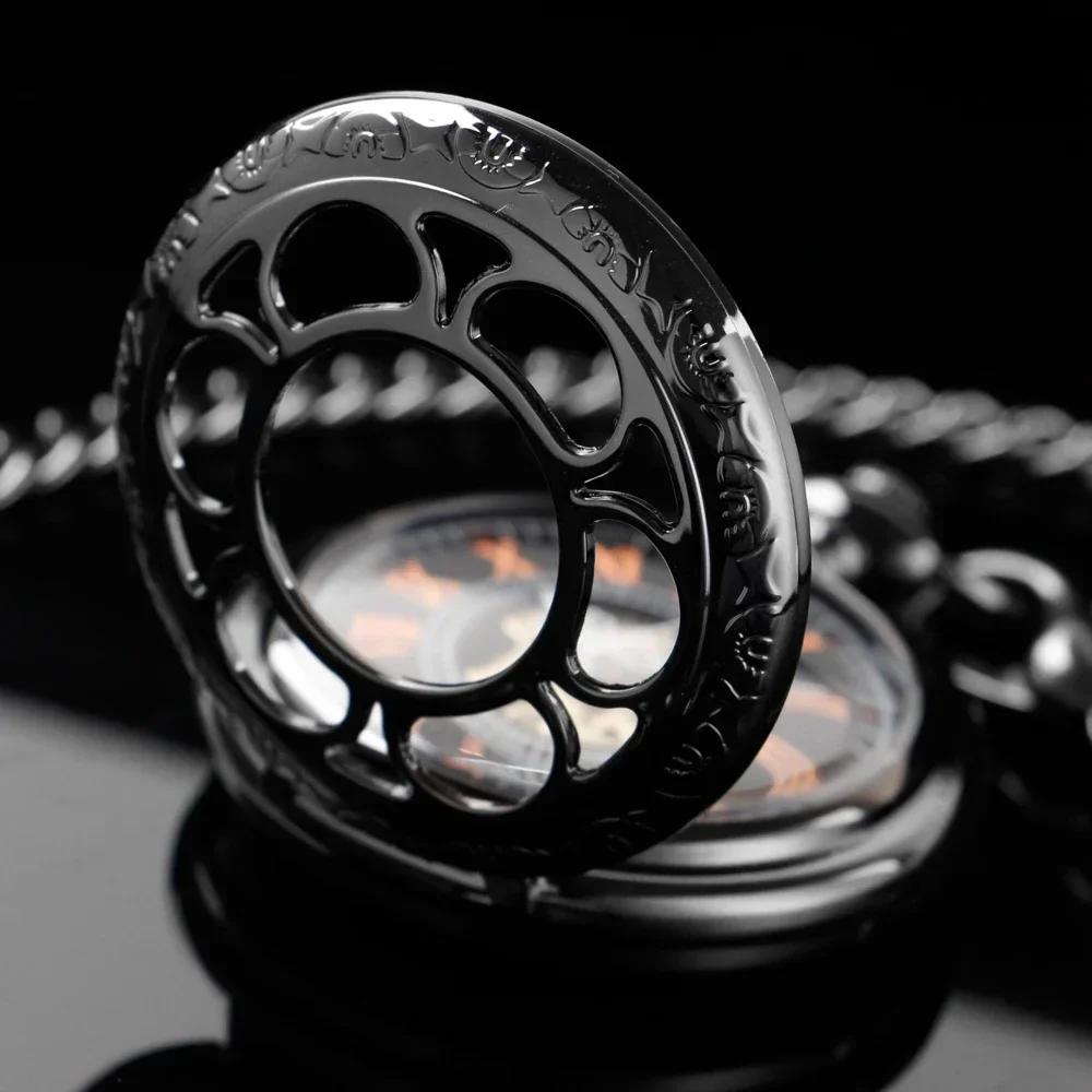 Intricate Flower Skeleton Mechanical Pocket Watch Vintage Men Roman Numerals Gothic Clock Unisex Charm Pocket Fob Watches Gifts