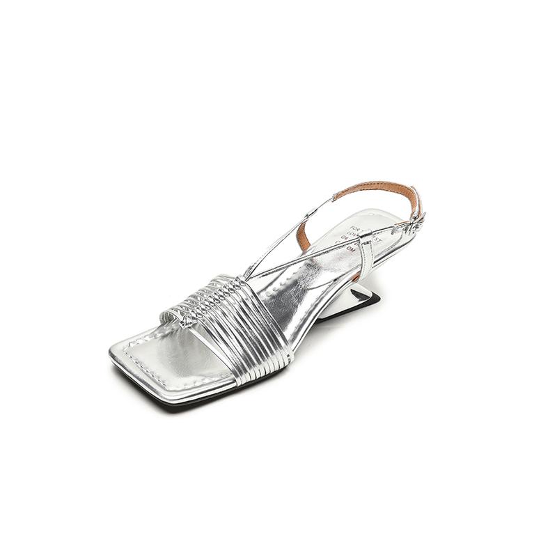 New Summer Women Sandals Square Toe Strange Heel Shoes Split Leather Shoes for Women Narrow Band Handmade Shoes Modern Sandals