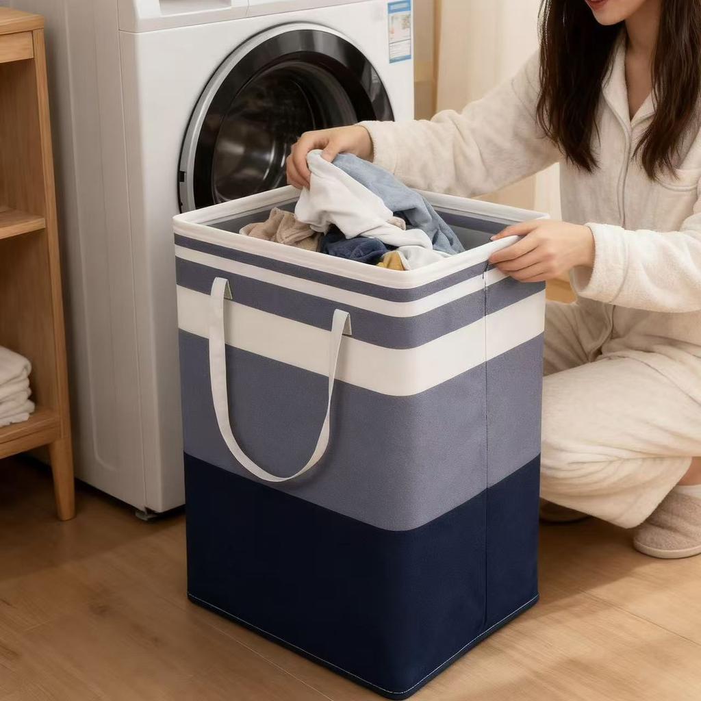 Fabric Laundry Basket with Handles Large Capacity Rectangular Striped Storage Bin for Bathroom Laundry Room Balcony Hotel Kids Room