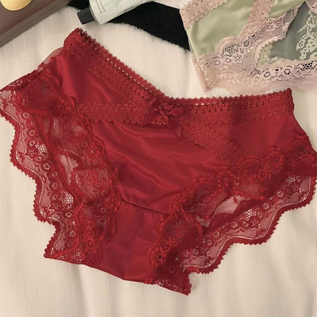 Jiao Wan Sheng Xiang Fransk Satinsnörning Mellanhöga Damtrosor: Andningsbara, Sexiga, Trosor med gren i ren bomull