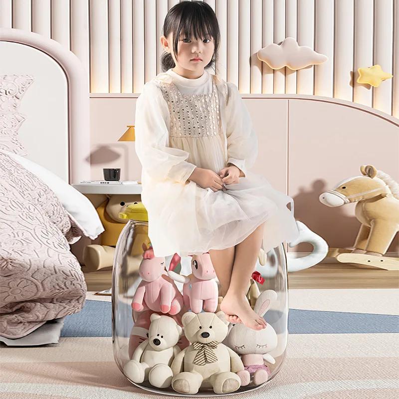 Transparent Sitting Storage Stool, Children's Plush Doll Storage Bucket, Toy Miscellaneous Items, Convenient Storage Box