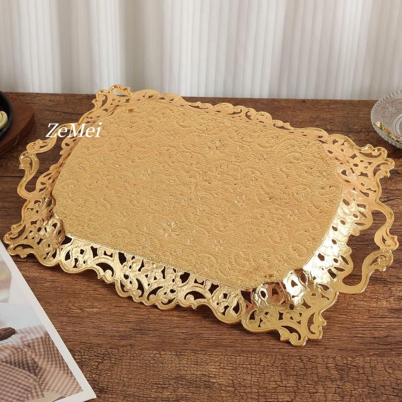 European Style Rectangle Fruit Plate,Exquisite Patterned Openwork Golden Metal Cake Plate Home Tray,Snack Disc Table Decoration