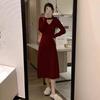 Temperament Is Thin, Waist Long Dress, Women's Small Inner Matching Coat A-shaped Skirt, Autumn and Winter Design Sense Neck Dress