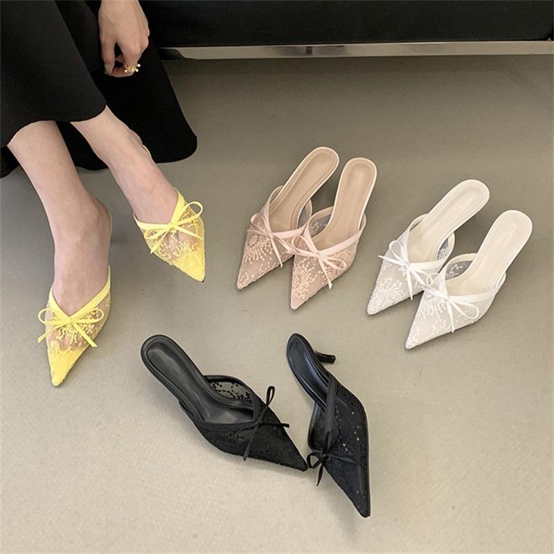 Eilyken Butterfly-knot Thin Low Heels Women Slippers Fashion Elegant Breathable Mesh Pointed Toe Mule Summer Shoes