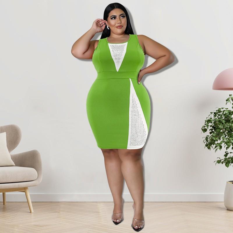 Plus Size Womens Sleeveless Color Block Rhinestone Embellished Dress Knit Midi Casual Vintage Chic Outfit