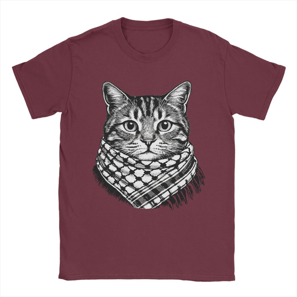 Cute Cat Wearing the Keffiyeh T-Shirts for Men Vintage Cotton Tee Shirt Crew Neck Short Sleeve T Shirt Plus Size Tops