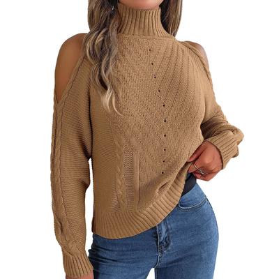 Women High Collar Sweater Cold Shoulder Long Sleeves Pure Color Loose Fitting Casual Knitted Top