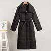 Women Long Wrap Puffer Coat Wide Collar Belted Waist Winter Warm Outerwear