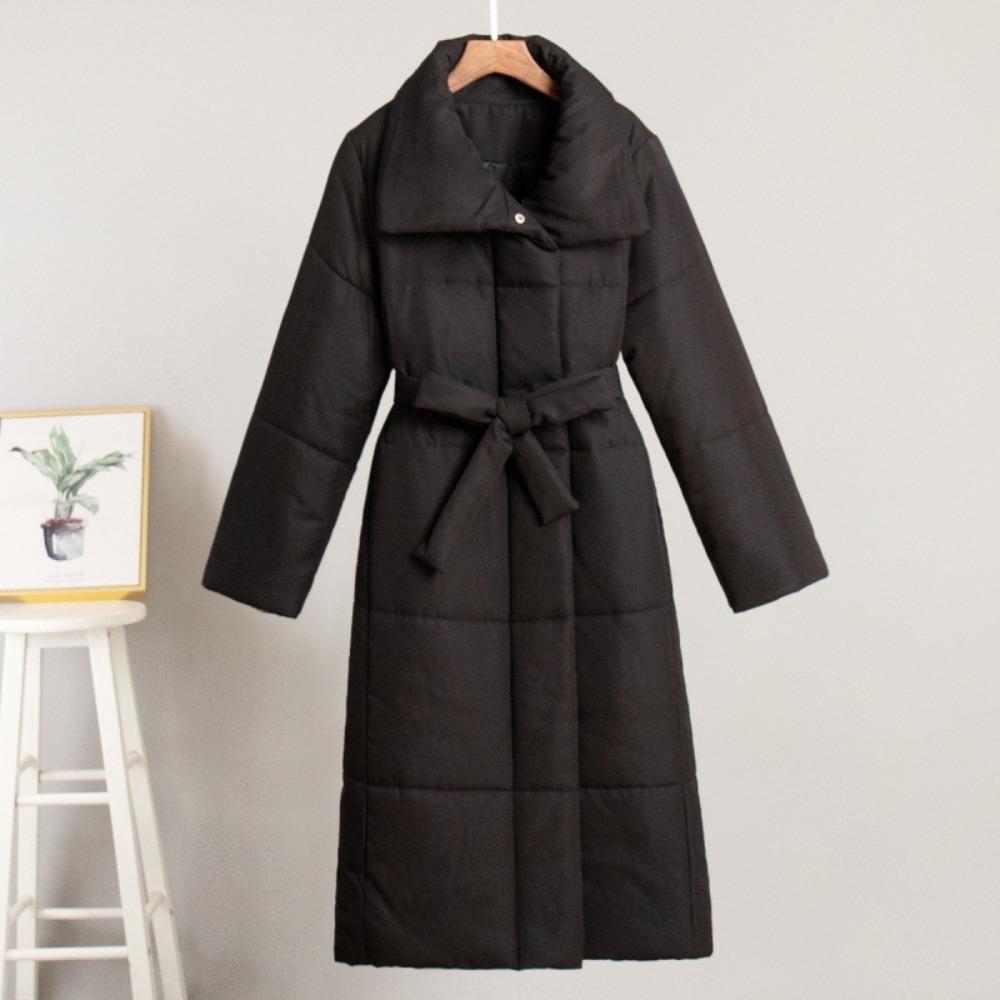 Women Long Wrap Puffer Coat Wide Collar Belted Waist Winter Warm Outerwear