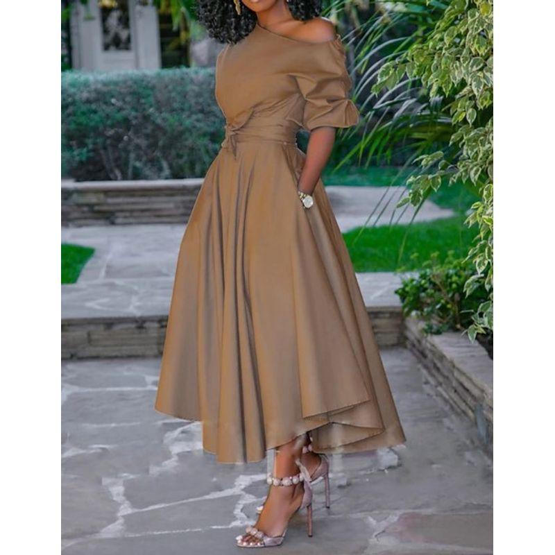 

Fashion Women s Shoulder Shoelace Waist Mid Length Long Length Dress Summer New One Shoulder Dress Brown XL
