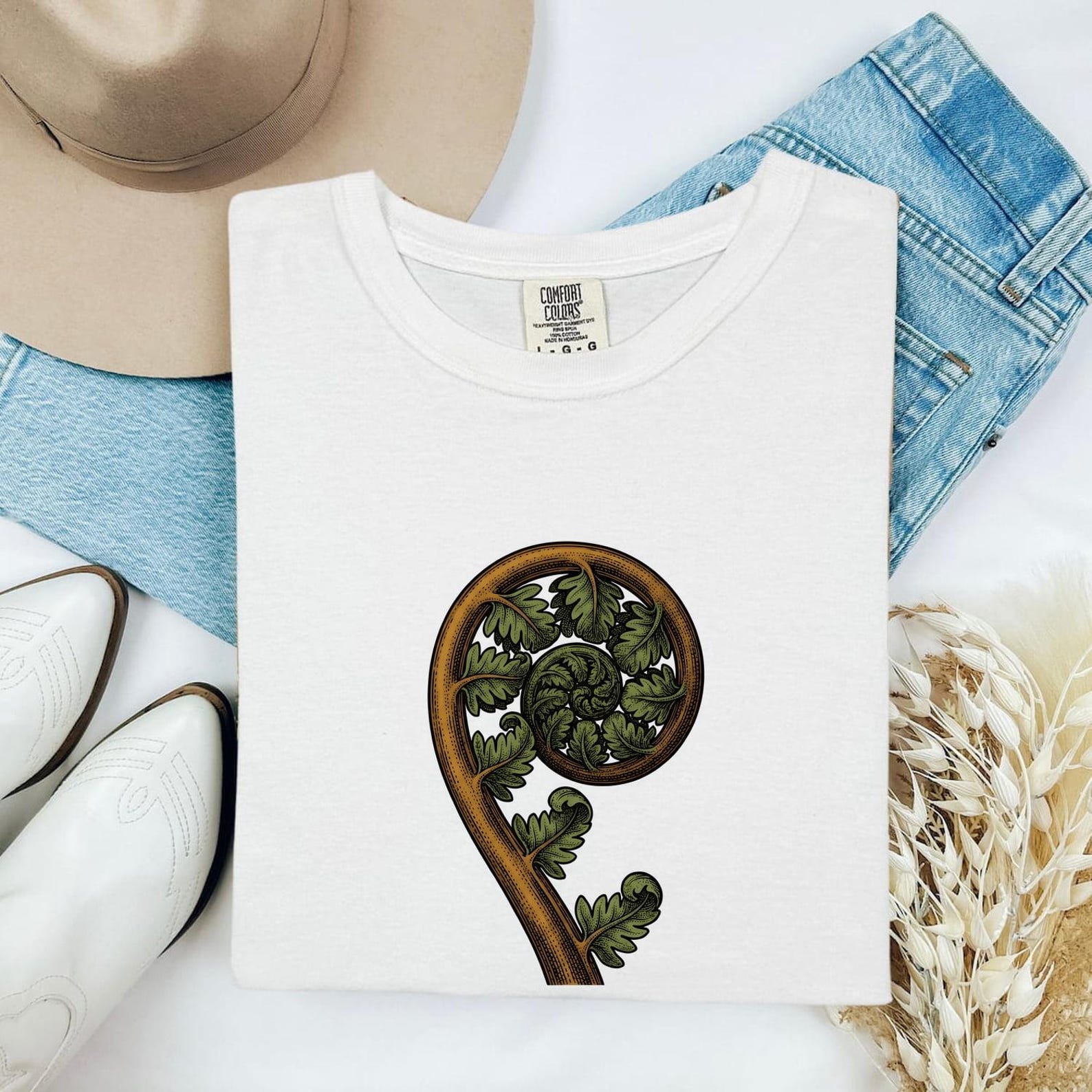 Fern Coil Shirt Boho Chic Environment Gift Women Leaf Art Tee Fern T-Shirt Bohemian Fan Botanical Tshirt Eco Graphic Hand Drawn Fronds S