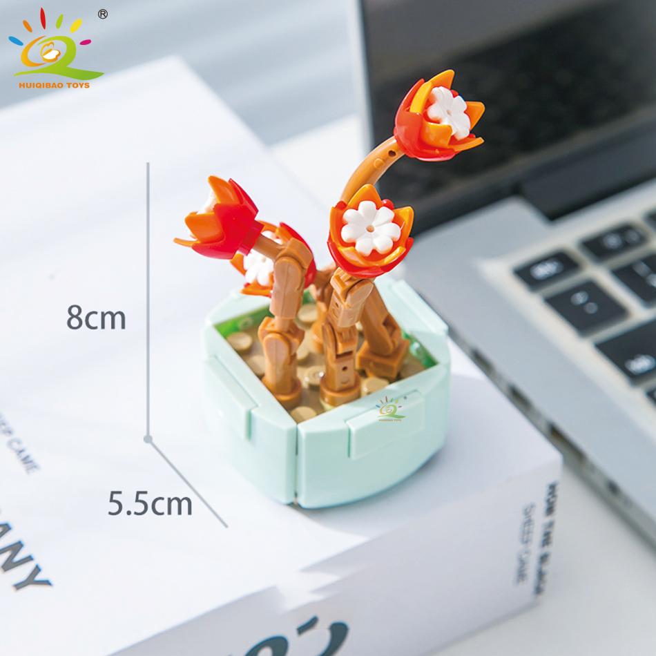 HUIQIBAO MOC Flower Succulent Potted Model Building Block DIY Eternal Bouquet Home Desk Plant Decor Brick Girl Gift Children Toy